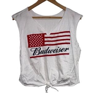 Budweiser tee shirt cuff off sleeves cropped raw hem tie front medium